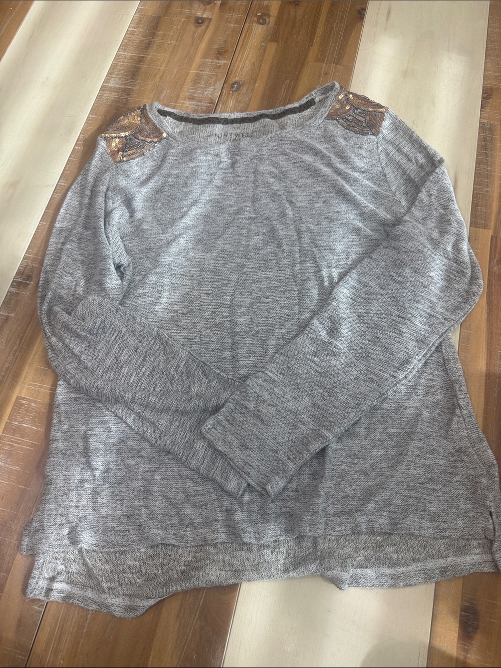 Nine West Gray Knit Pullover with Bronze Sequin Shoulder Detail